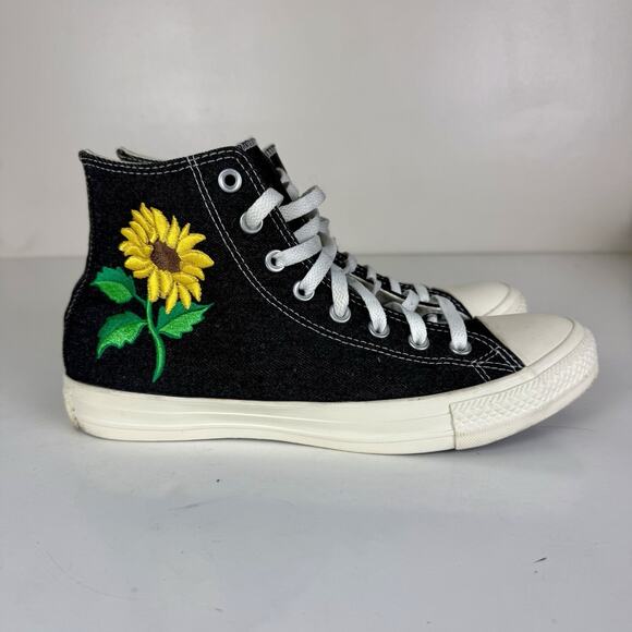 Converse Denim Embroidered Sunflower High Top Tennis Shoe Mens 8.5 Womens 10.5 - Picture 2 of 7